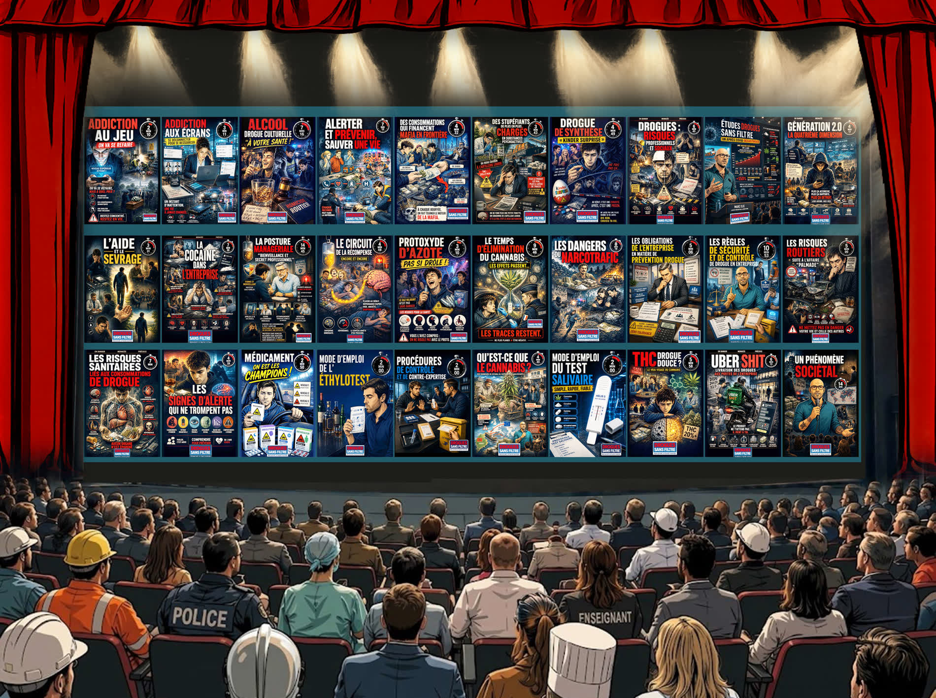 Une salle de cinéma, rideaux rouges ouverts : le public regarde le mur des jaquettes de la collection