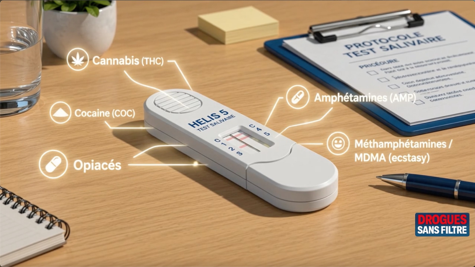 Test salivaire HELIS 5 posé sur un bureau, à côté du protocole de test, avec les cinq substances détectées : cannabis, cocaïne, opiacés, amphétamines et méthamphétamines / MDMA.